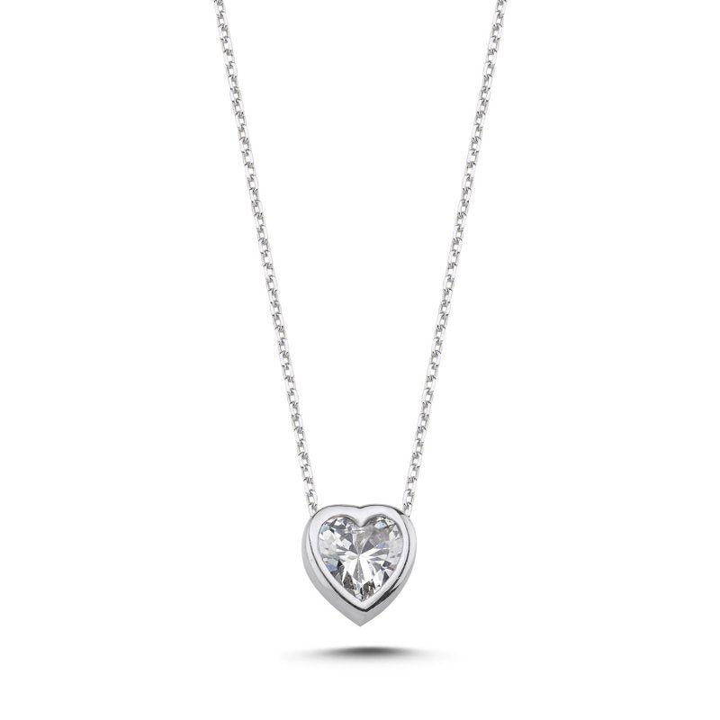 Sterling Silver Rhodium Plated CZ Heart Necklace