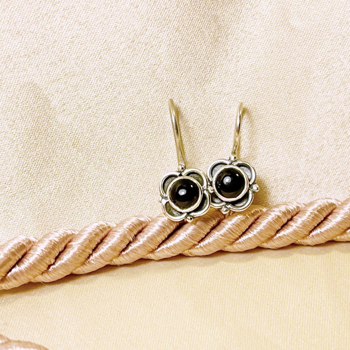 Sterling Silver Black Onyx Flower Earrings