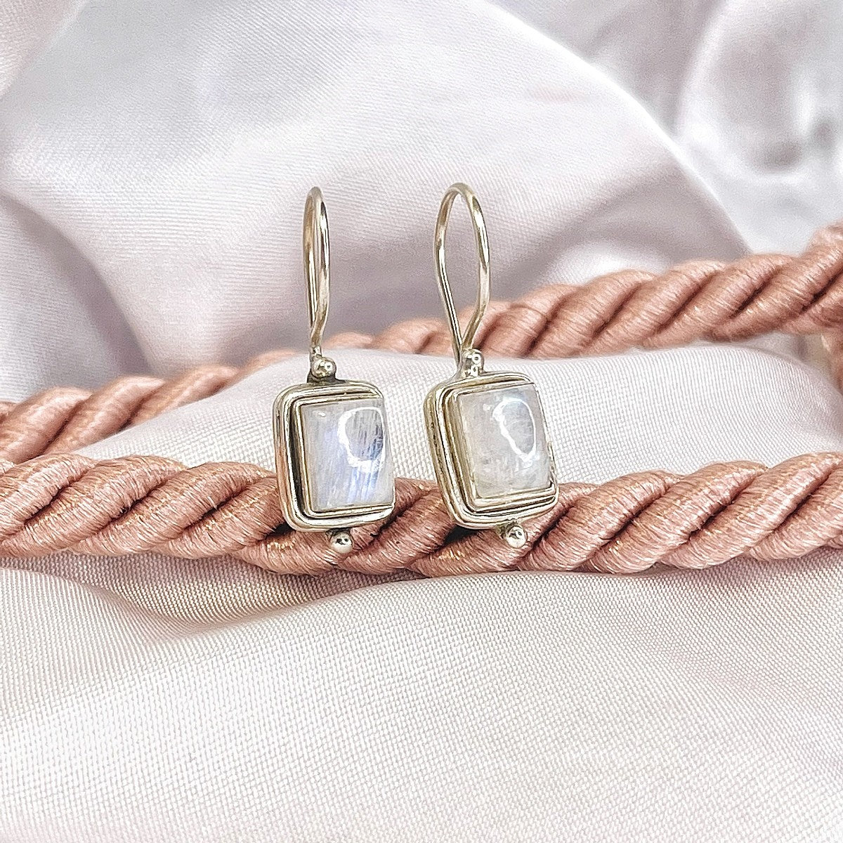Sterling Silver Rectangle Moonstone Drop Earrings
