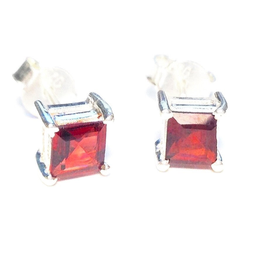 Sterling Silver Square Garnet Studs