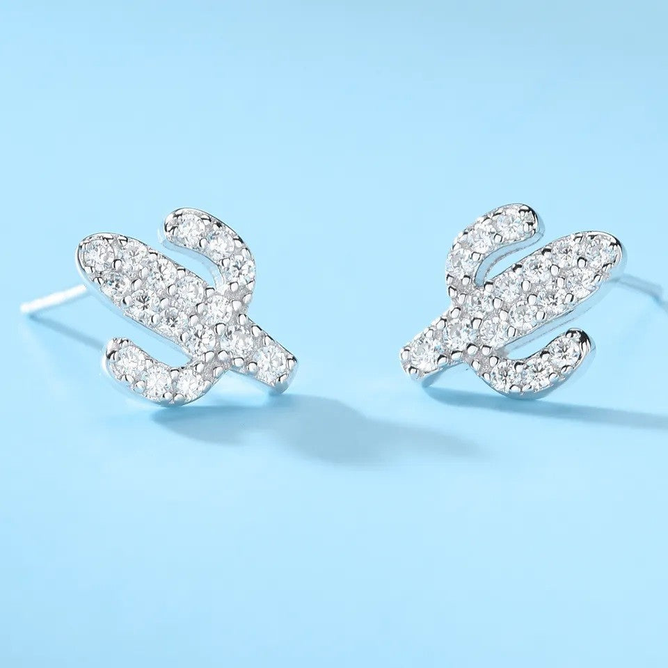 Sterling Silver Rhodium Plated CZ Cactus Studs