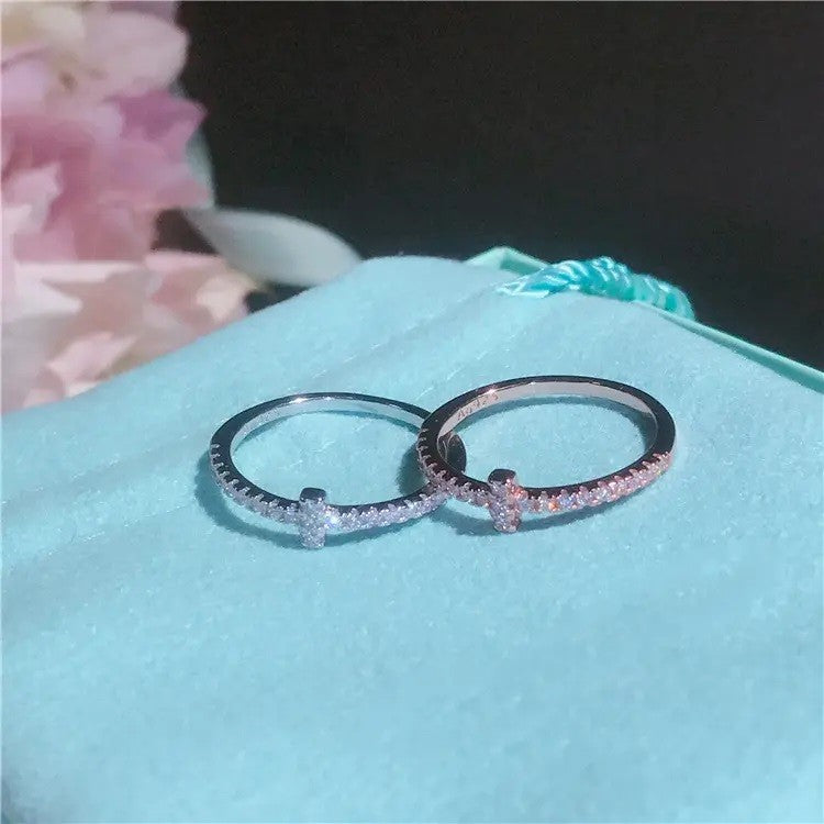 Sterling Silver Rose Gold Plated CZ Cross Ring