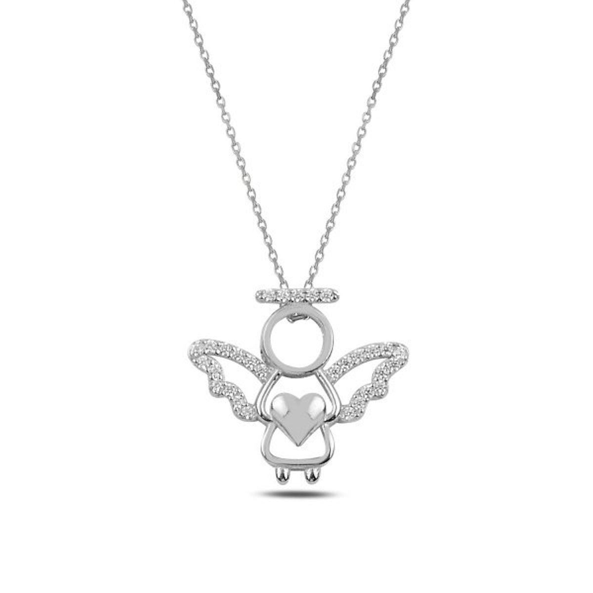 Sterling Silver Rhodium Plated CZ Angel Necklace