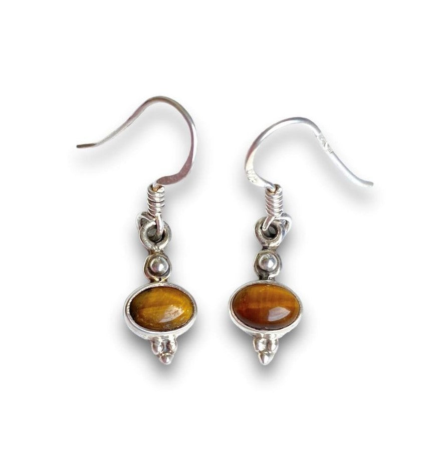 Sterling Silver Oval Tiger Eye Drop Earrings