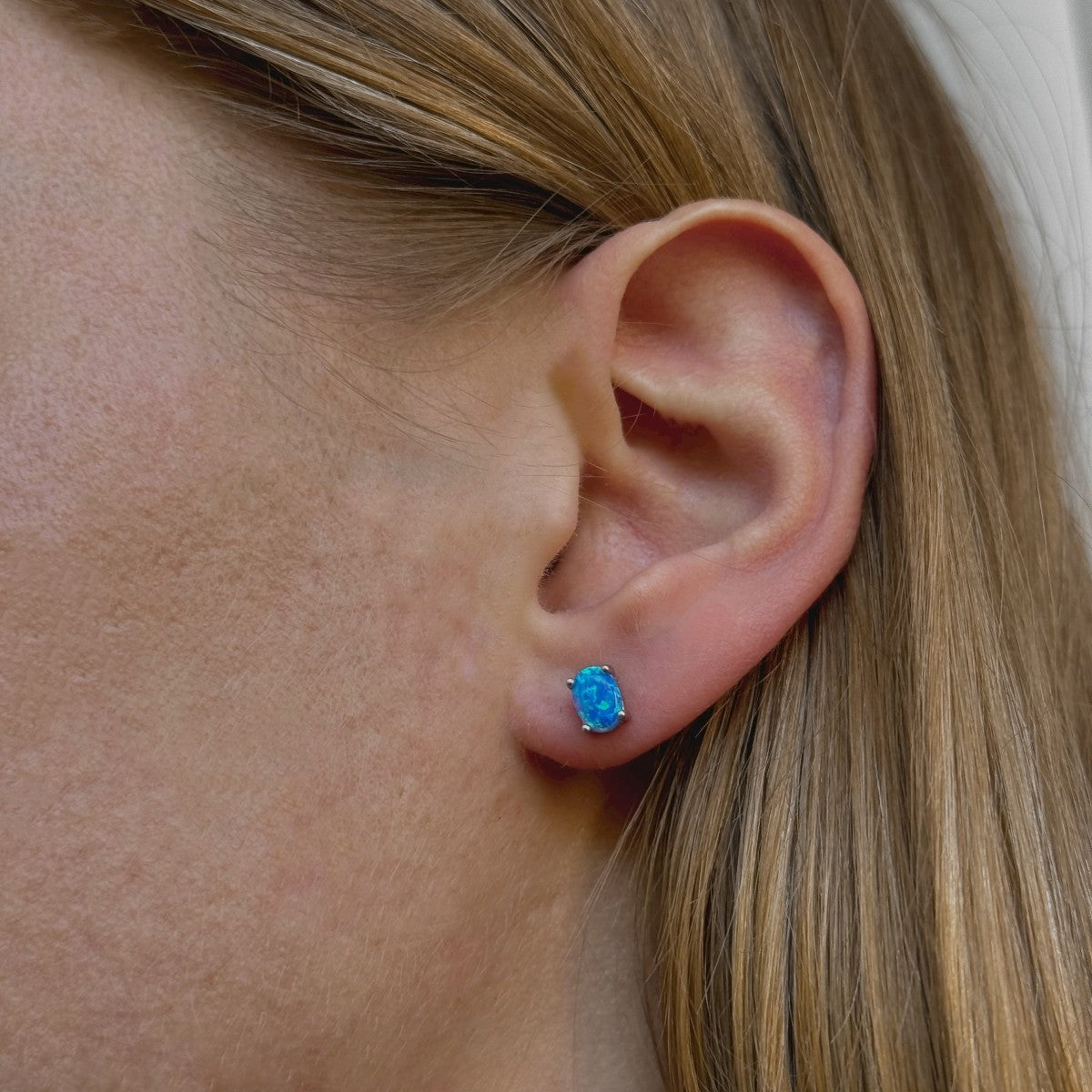 Sterling Silver Rhodium Plated Oval Opal Studs