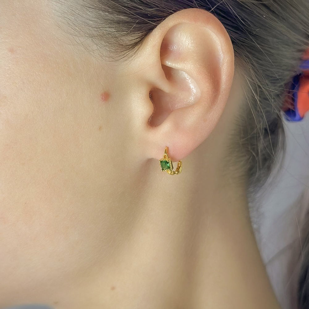 Sterling Silver Gold Plated 11 mm Hoops with Green CZ