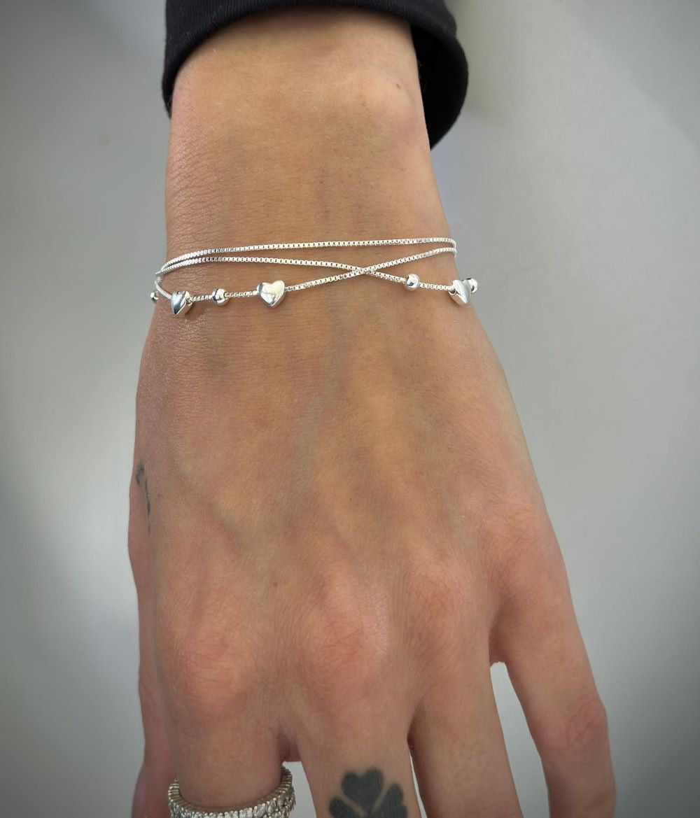 Sterling Silver Three - Strand Heart Chain Bracelet