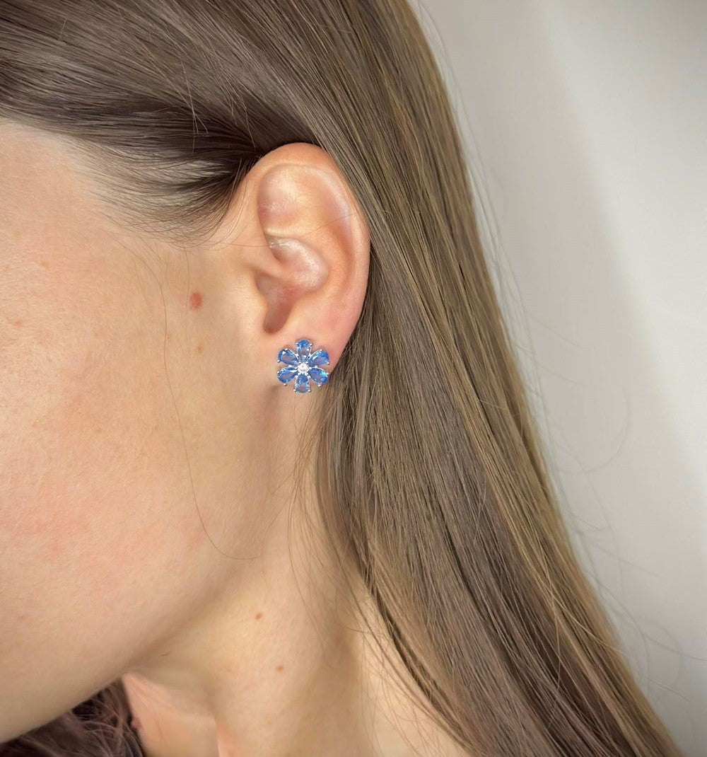 Sterling Silver Rhodium Plated CZ Flower Studs