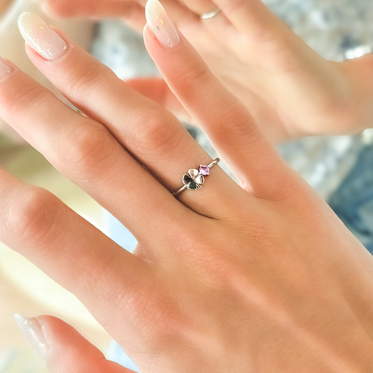 Sterling Silver Rhodium Plated CZ Clover Ring