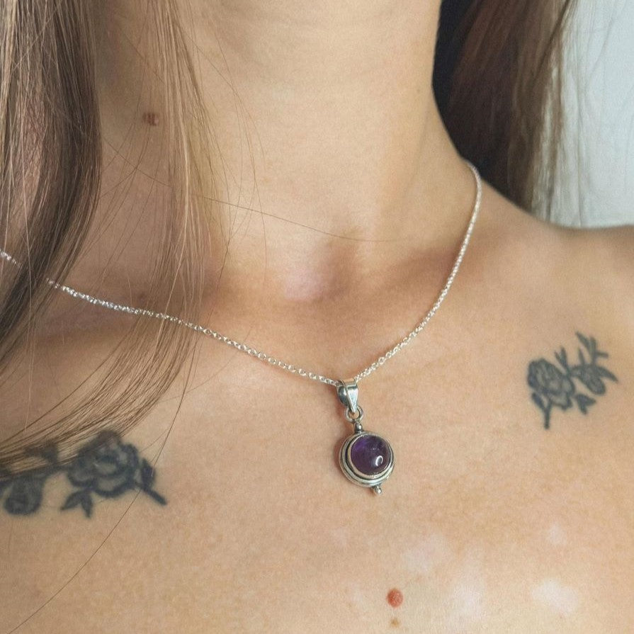 Sterling Silver Round Amethyst Pendant Necklace
