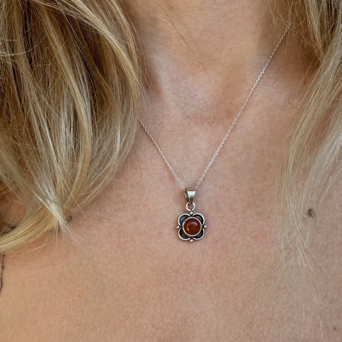 Sterling Silver Carnelian Flower Pendant Necklace