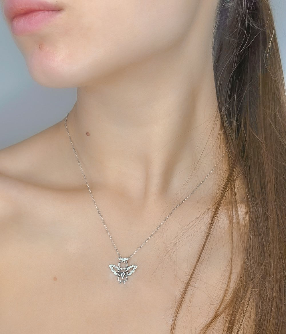 Sterling Silver Rhodium Plated CZ Angel Necklace
