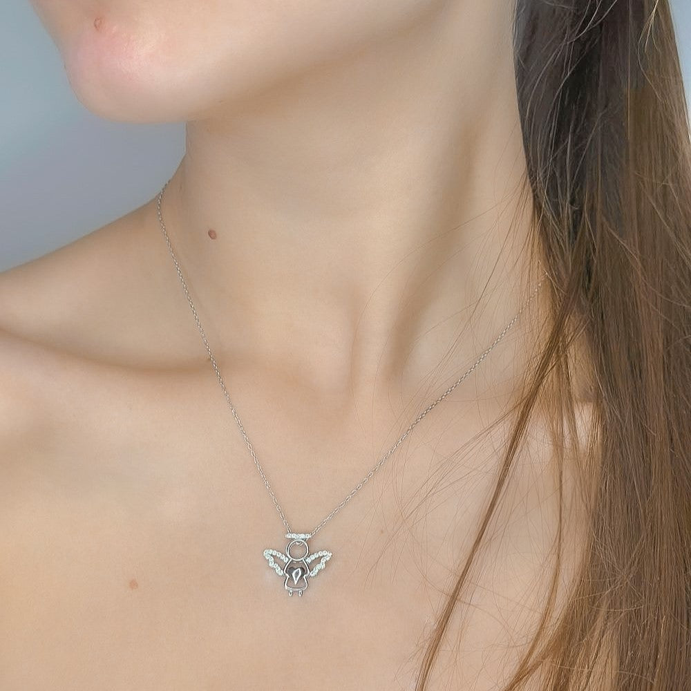Sterling Silver Rhodium Plated CZ Angel Necklace