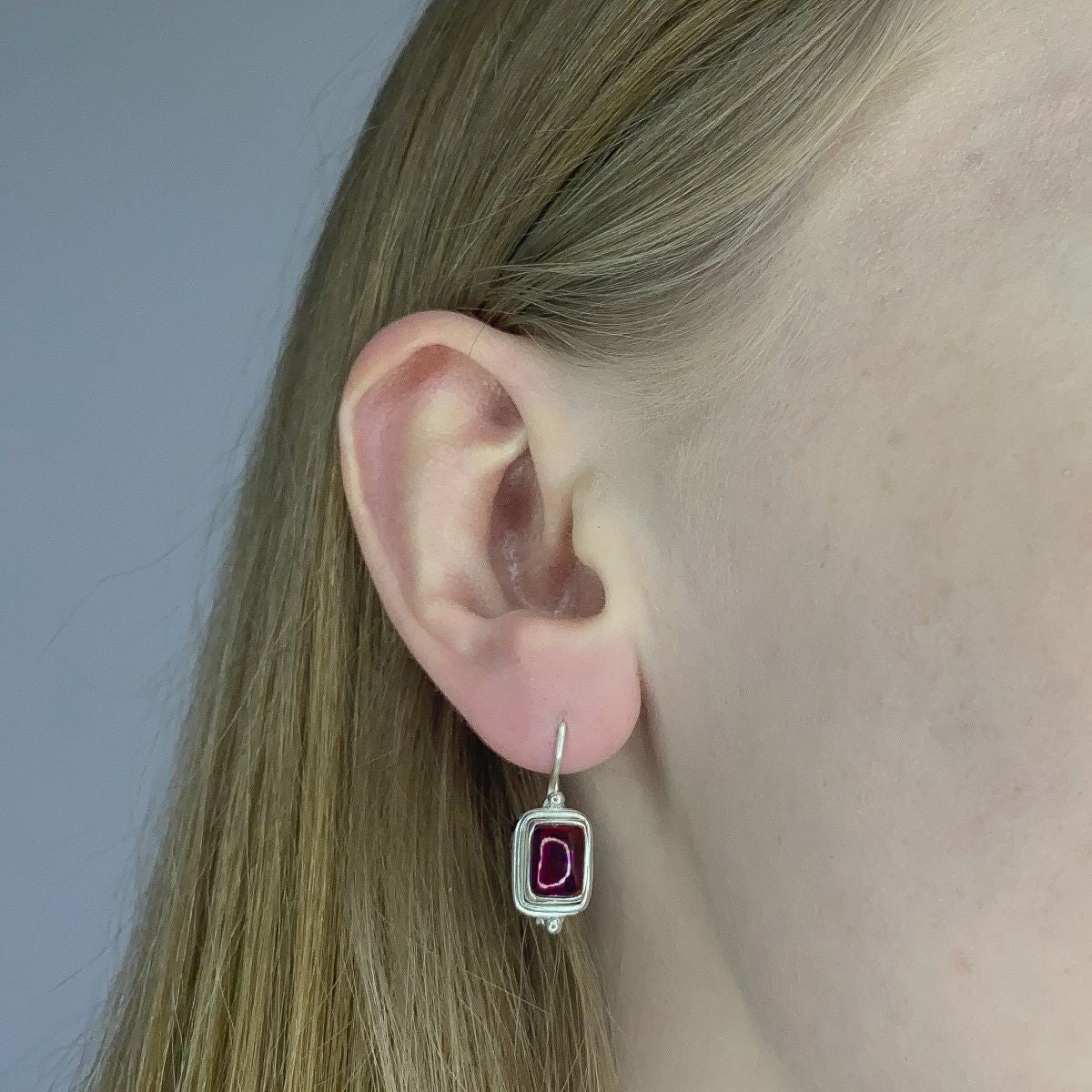 Sterling Silver Rectangle Garnet Drop Earrings
