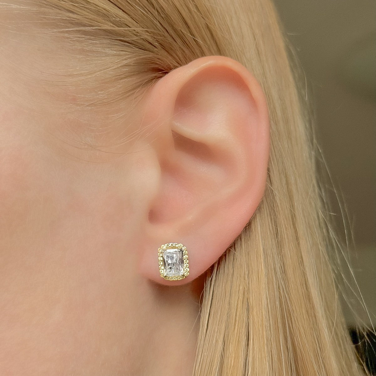 Sterling Silver Gold Plated Rectangle CZ Studs
