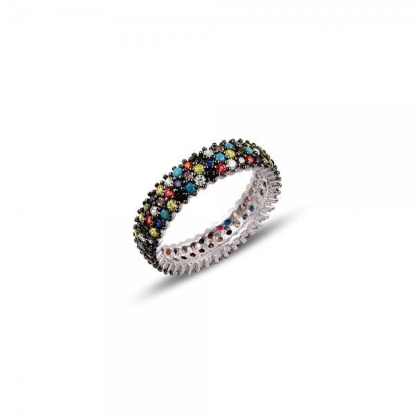 Sterling Silver Rhodium Plated Three Row CZ Band Ring
