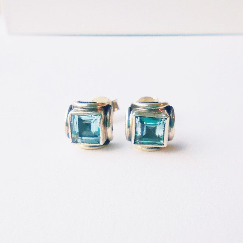 Sterling Silver Square Blue Topaz Studs