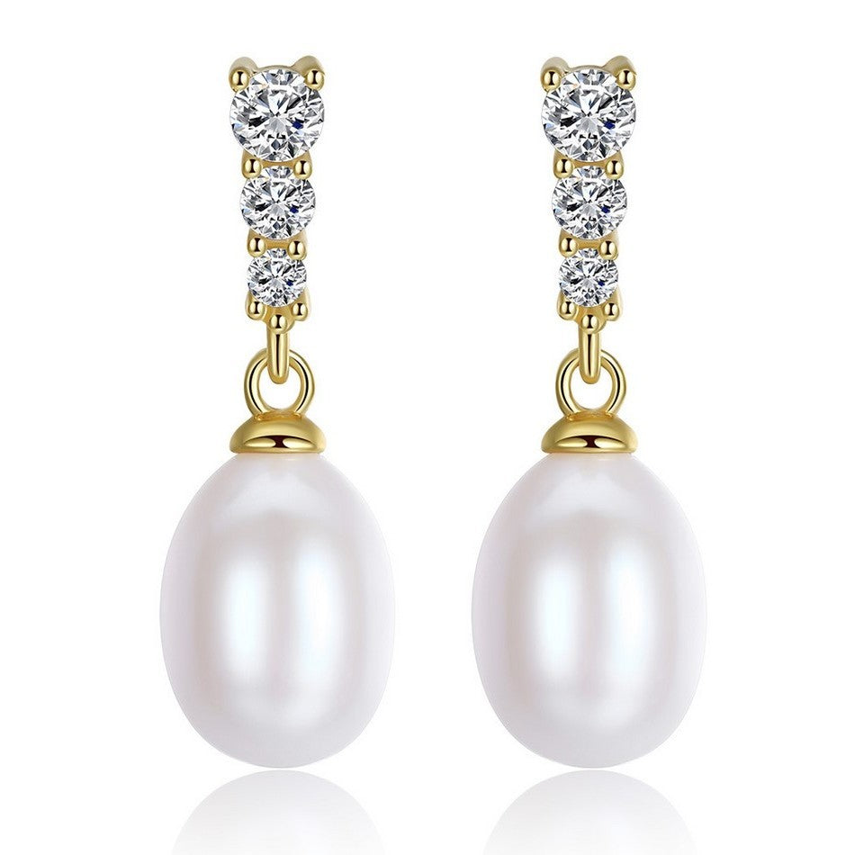 Sterling Silver Gold Plated Pearl & CZ Drop Earrings