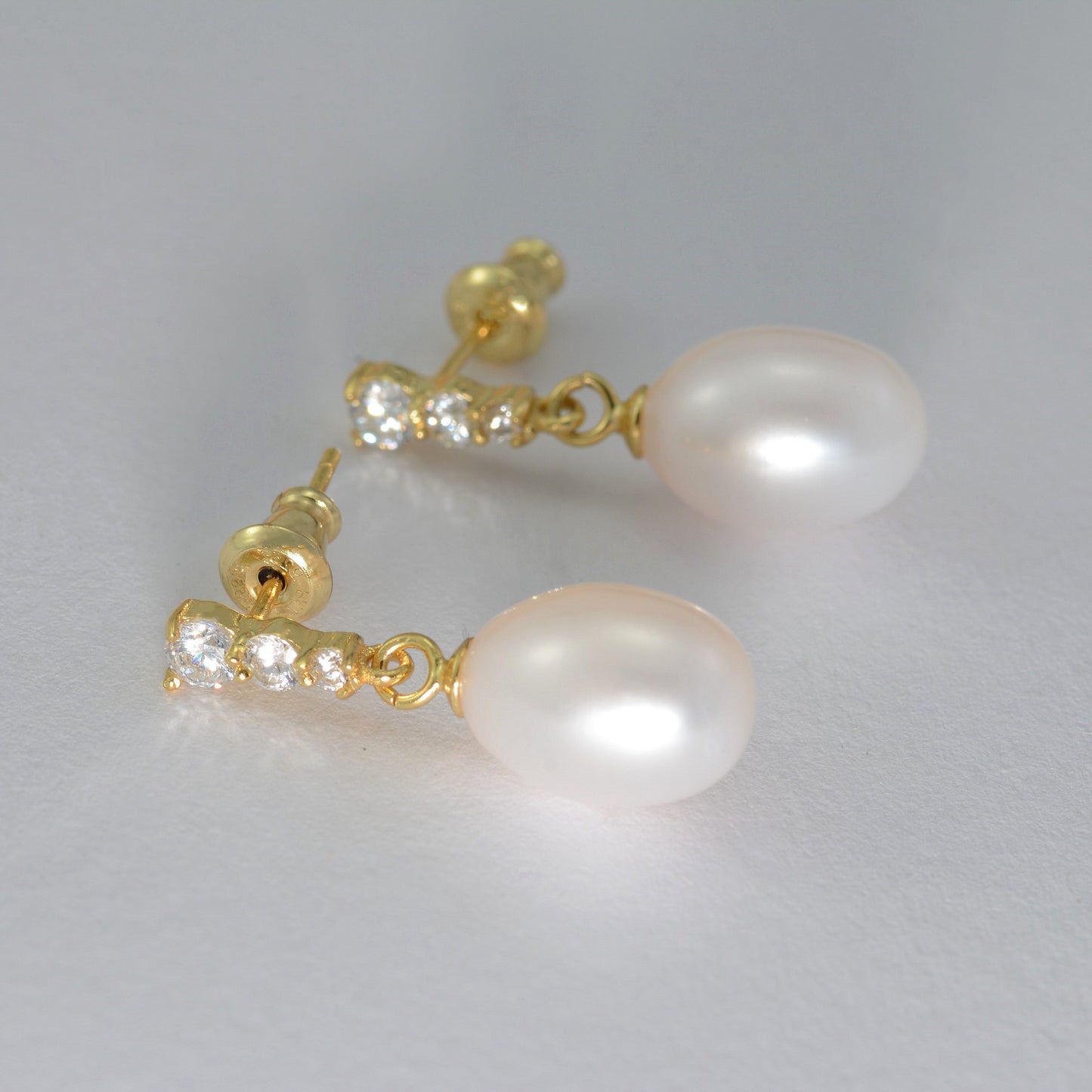 Sterling Silver Gold Plated Pearl & CZ Drop Earrings