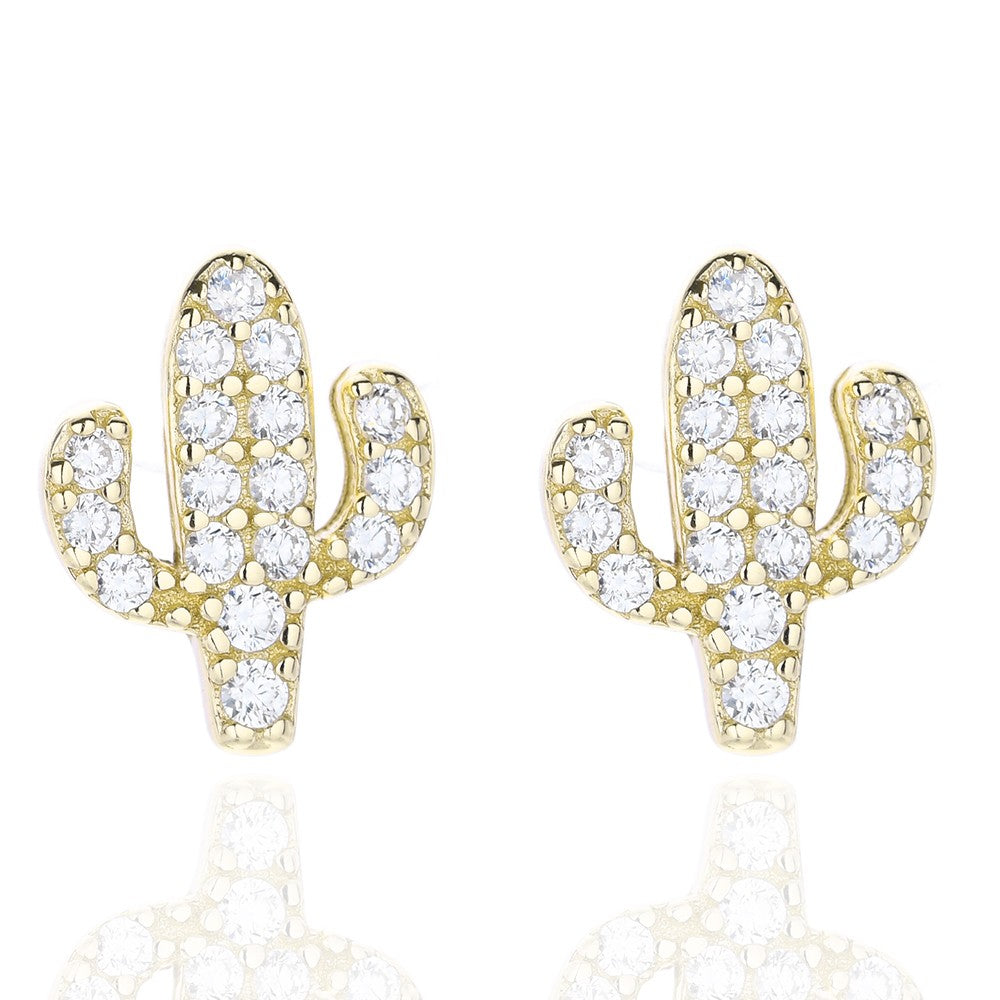 Sterling Silver Gold Plated CZ Cactus Studs