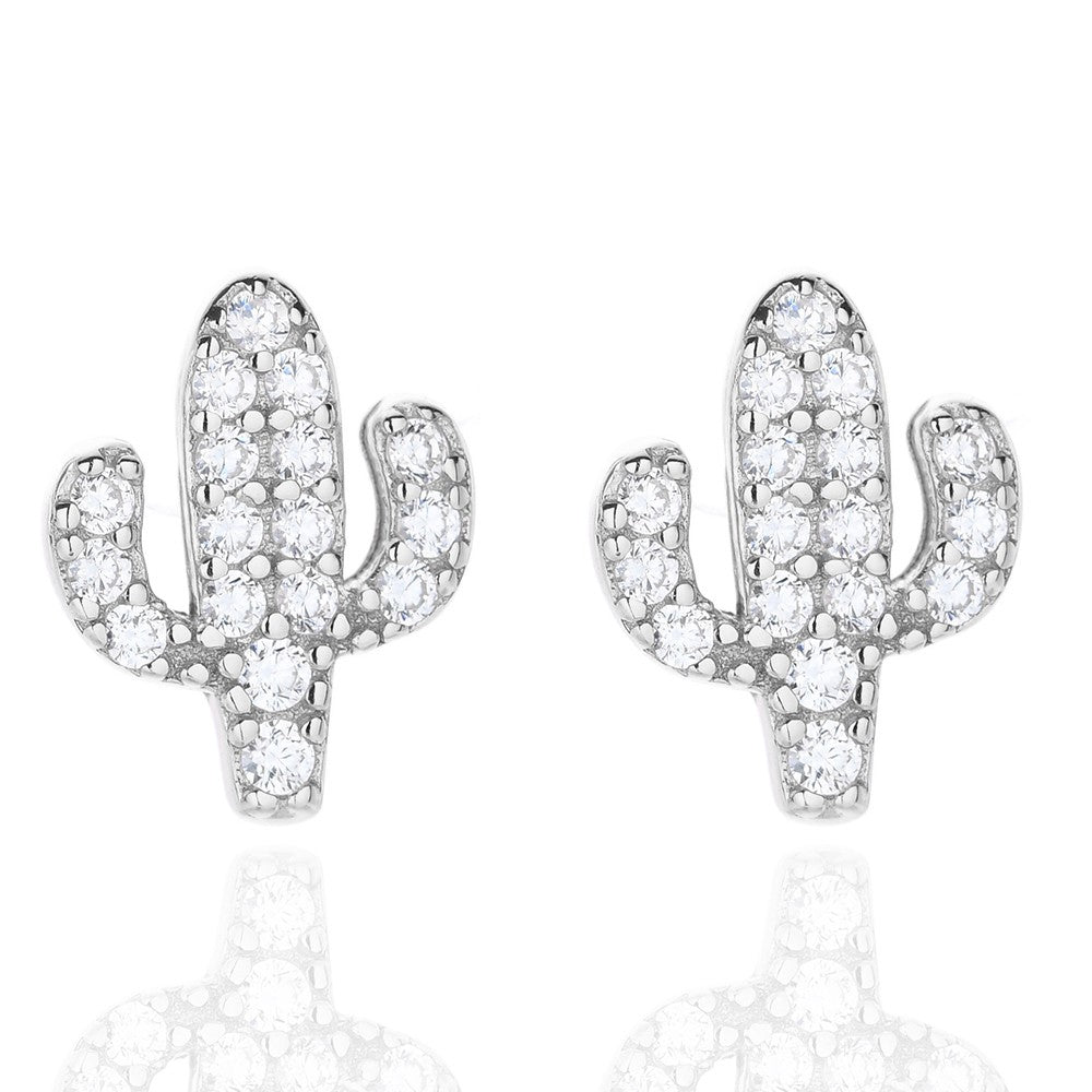 Sterling Silver Rhodium Plated CZ Cactus Studs