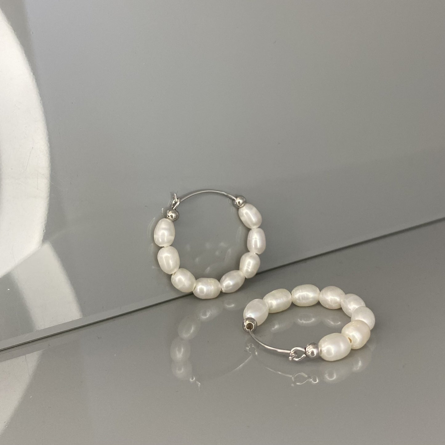 Sterling Silver Rhodium Plated Pearl Hoops