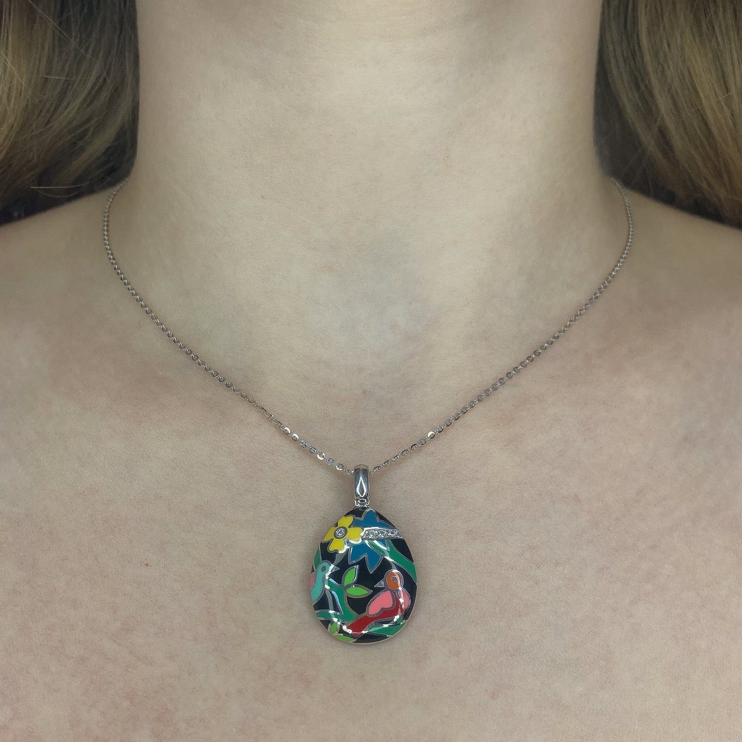 Sterling Silver Rhodium Plated Enamel Necklace
