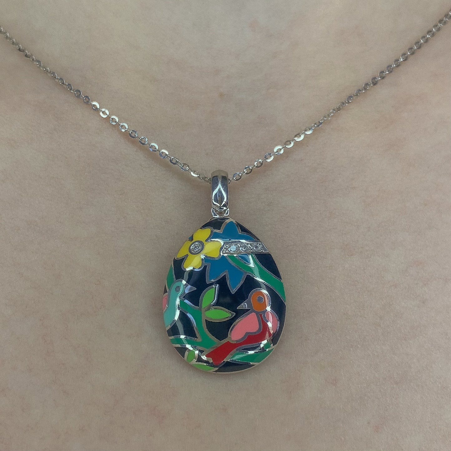 Sterling Silver Rhodium Plated Enamel Necklace