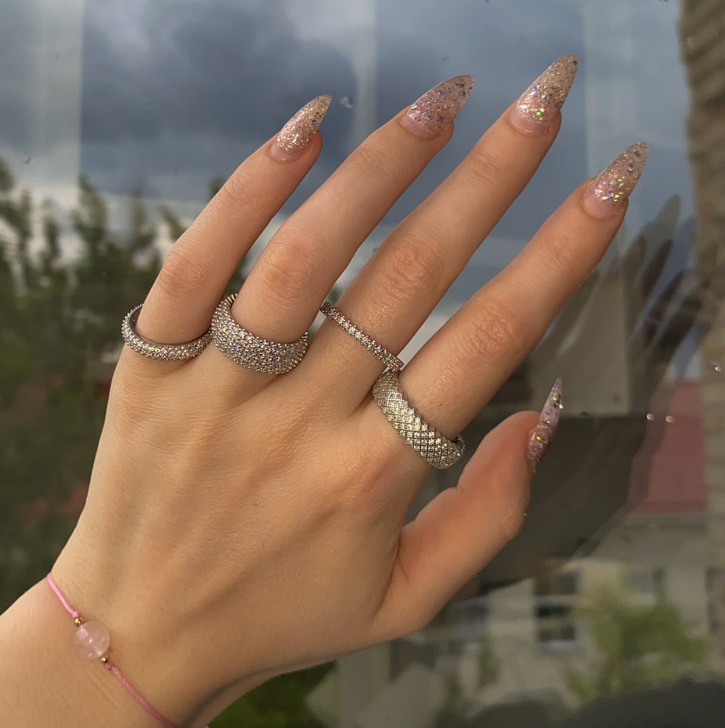 Sterling Silver Rhodium Plated Five Row CZ Band Ring