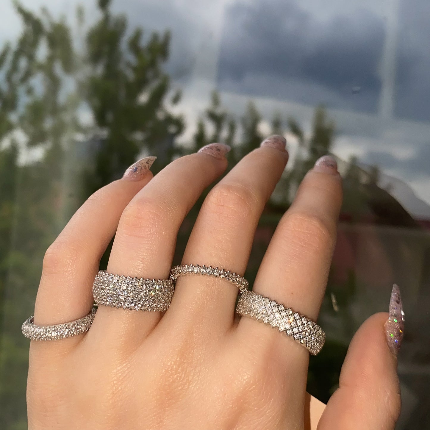 Sterling Silver Rhodium Plated Five Row CZ Band Ring