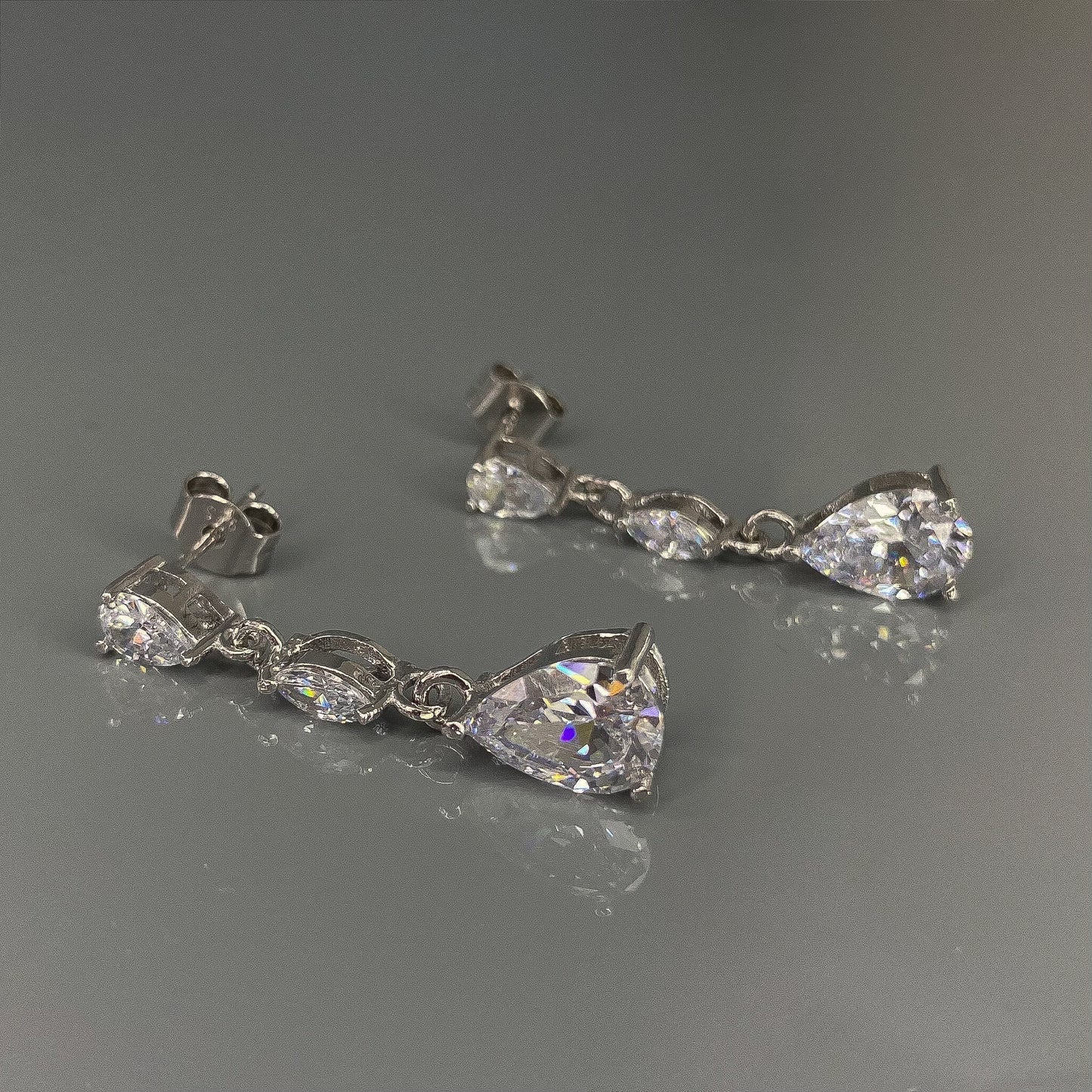 Sterling Silver Rhodium Plated CZ Drop Earrings