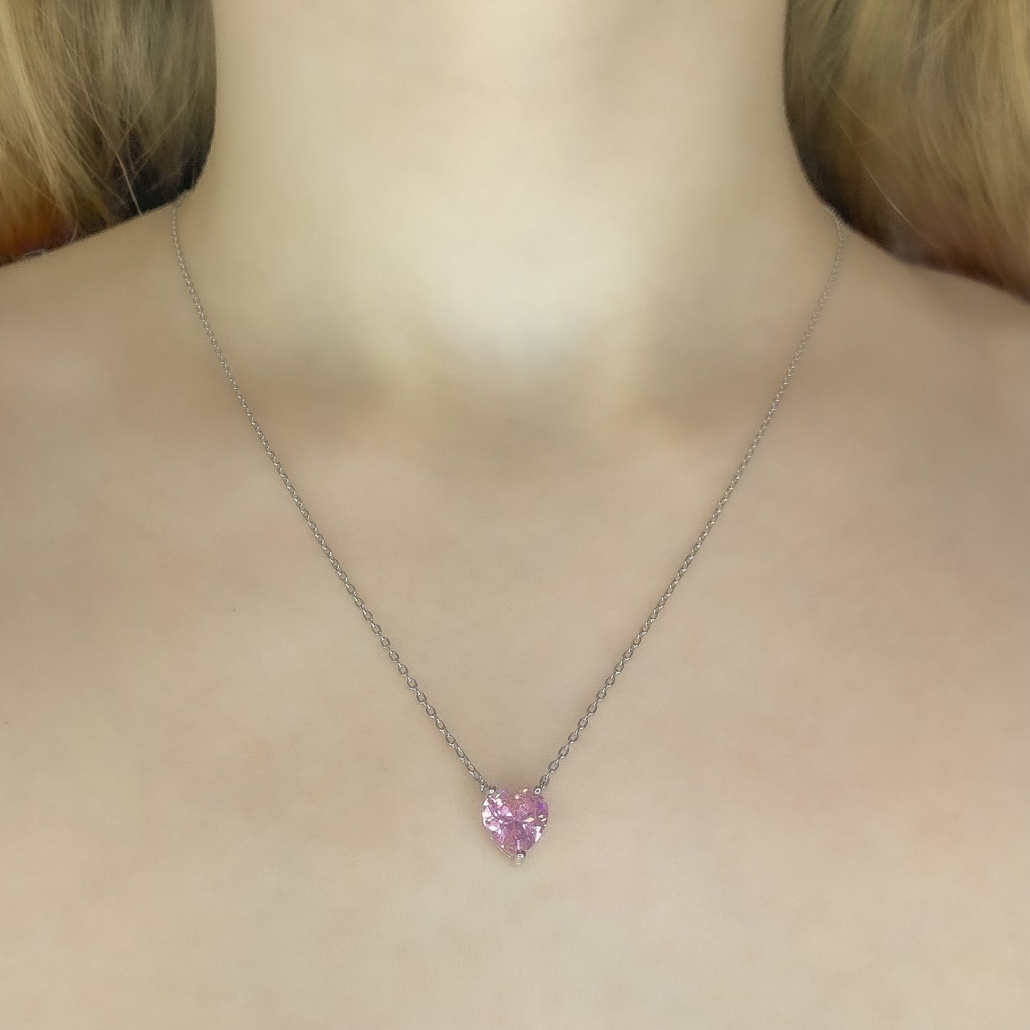 Sterling Silver Rhodium Plated CZ Heart Necklace