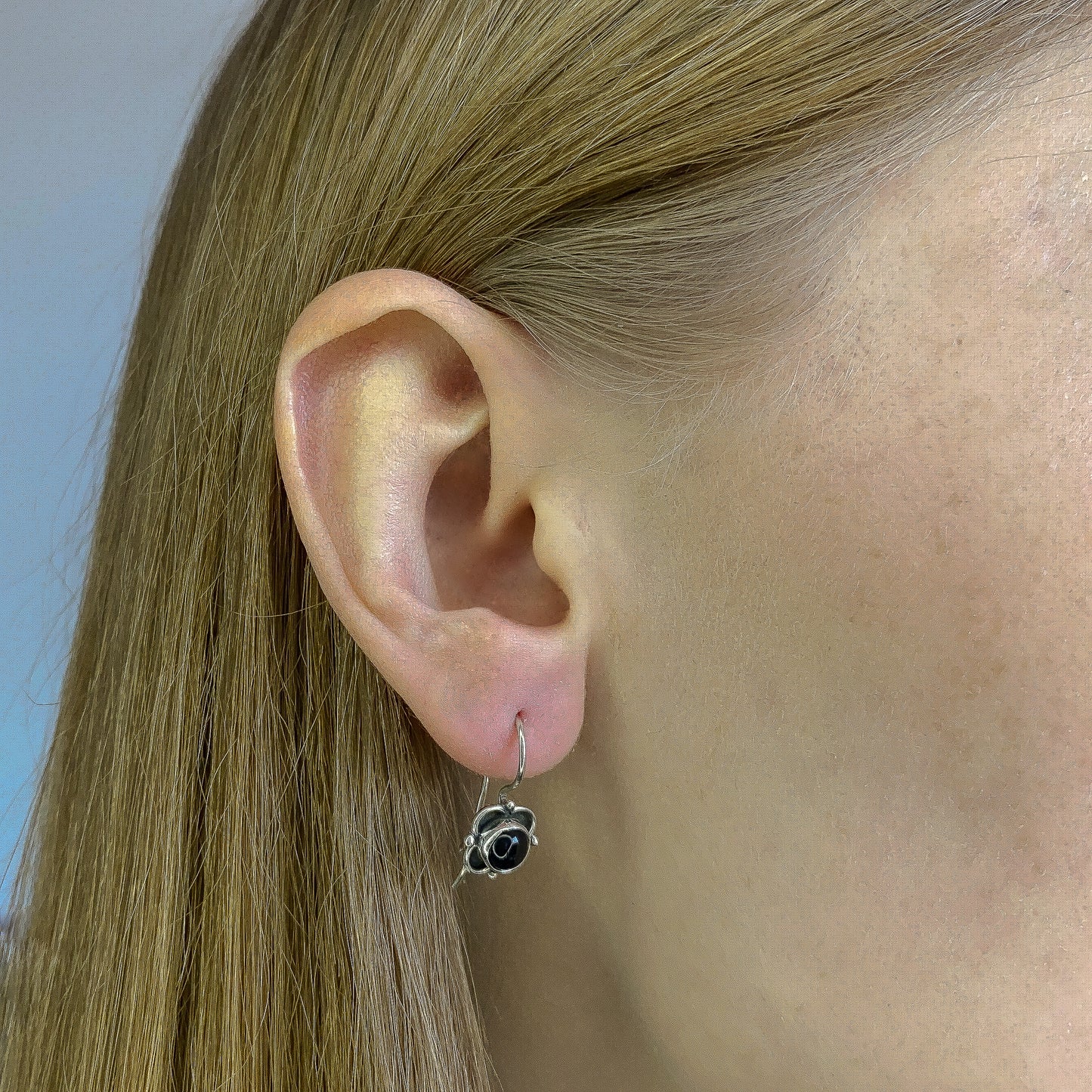 Sterling Silver Black Onyx Flower Earrings