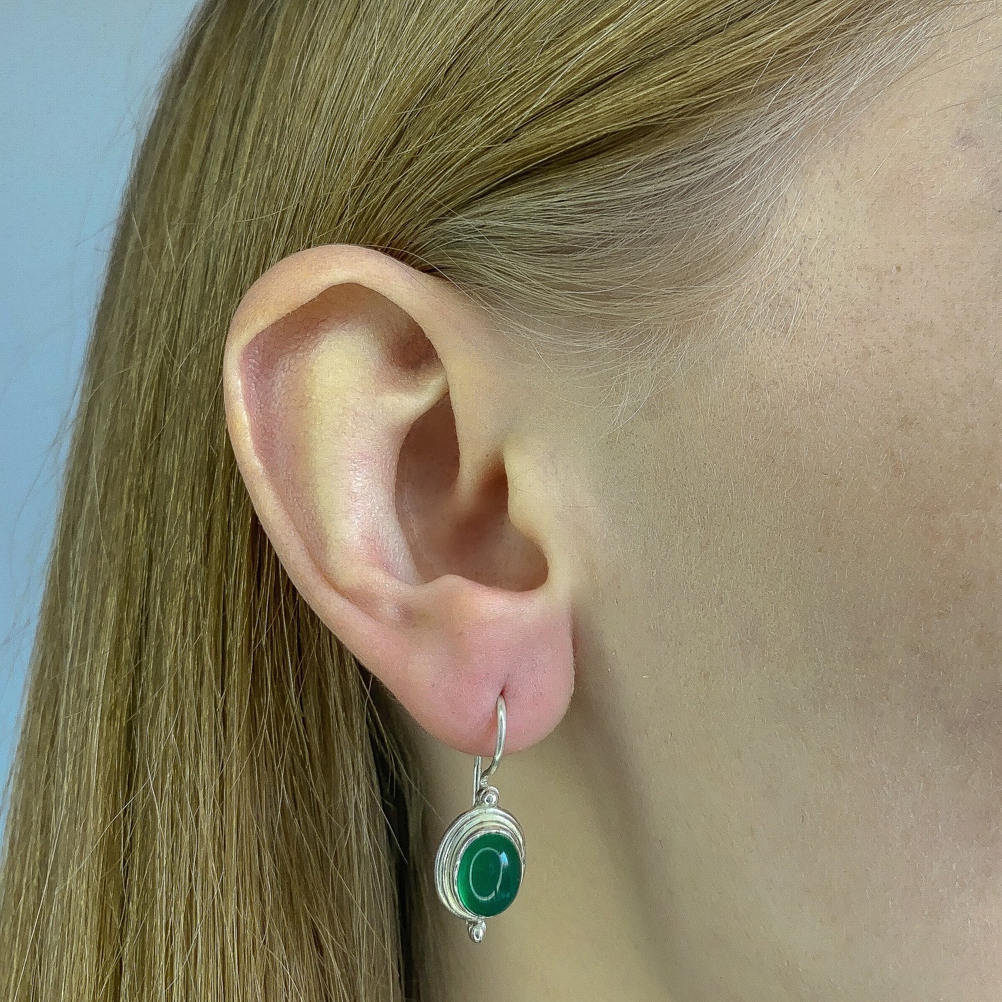 Sterling Silver Oval Green Onyx Drop Earrings
