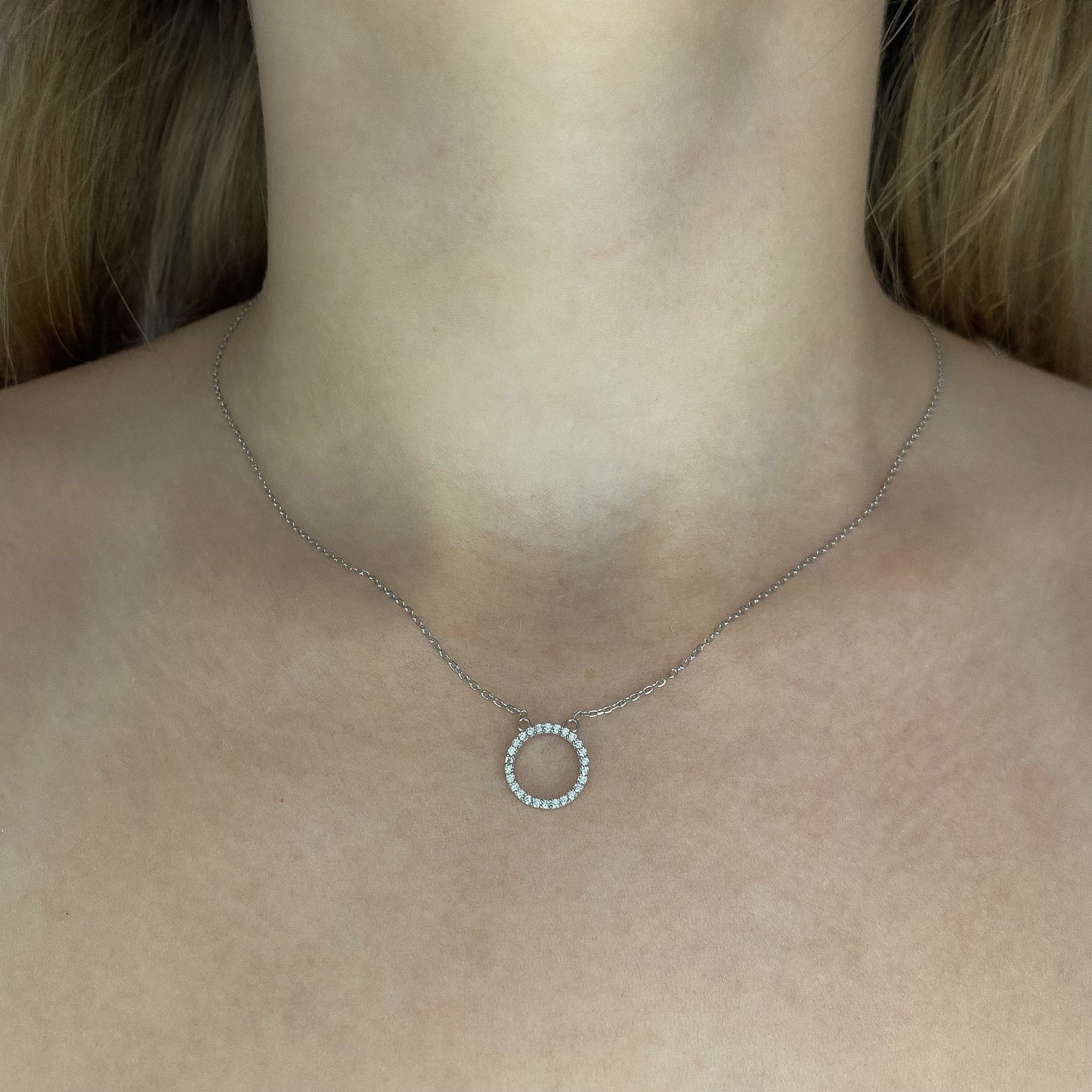 Sterling Silver Rhodium Plated CZ Circle Necklace