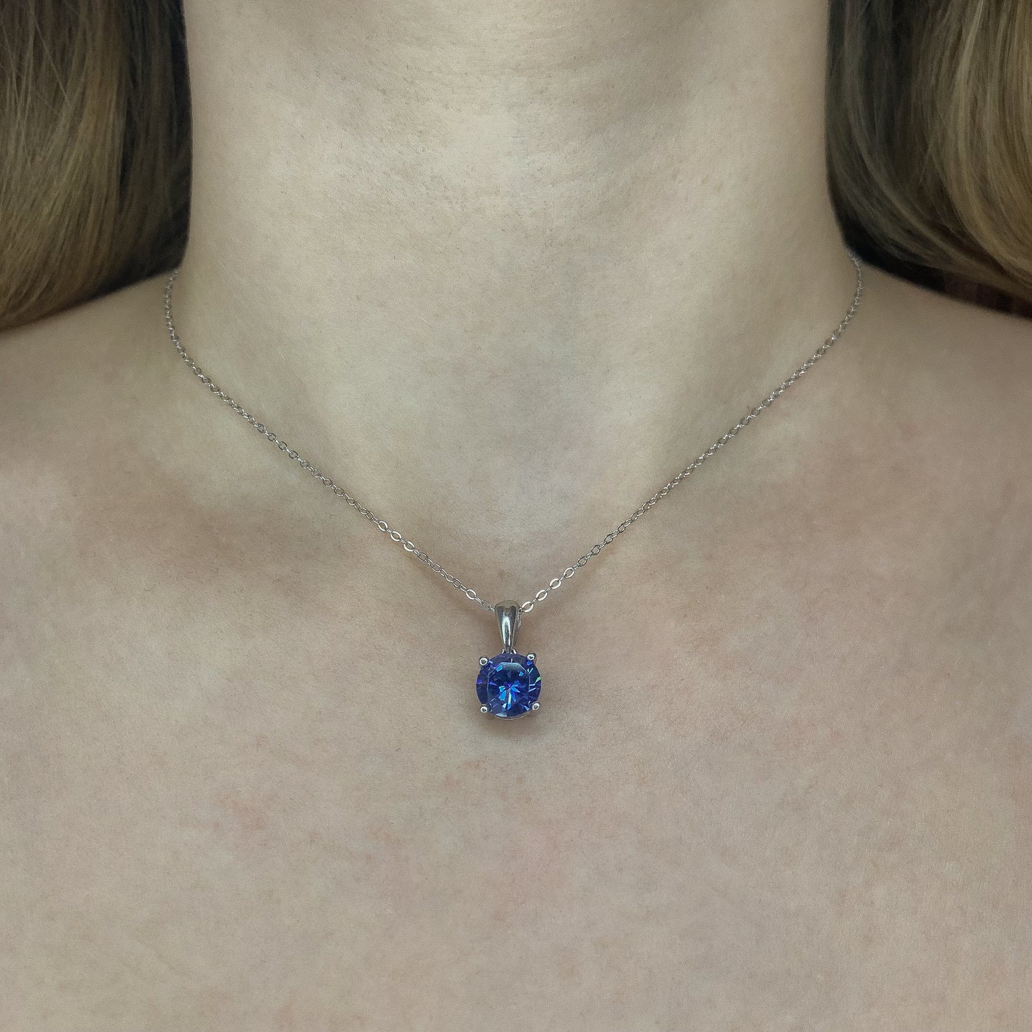 Sterling Silver Rhodium Plated Purple CZ Pendant Necklace