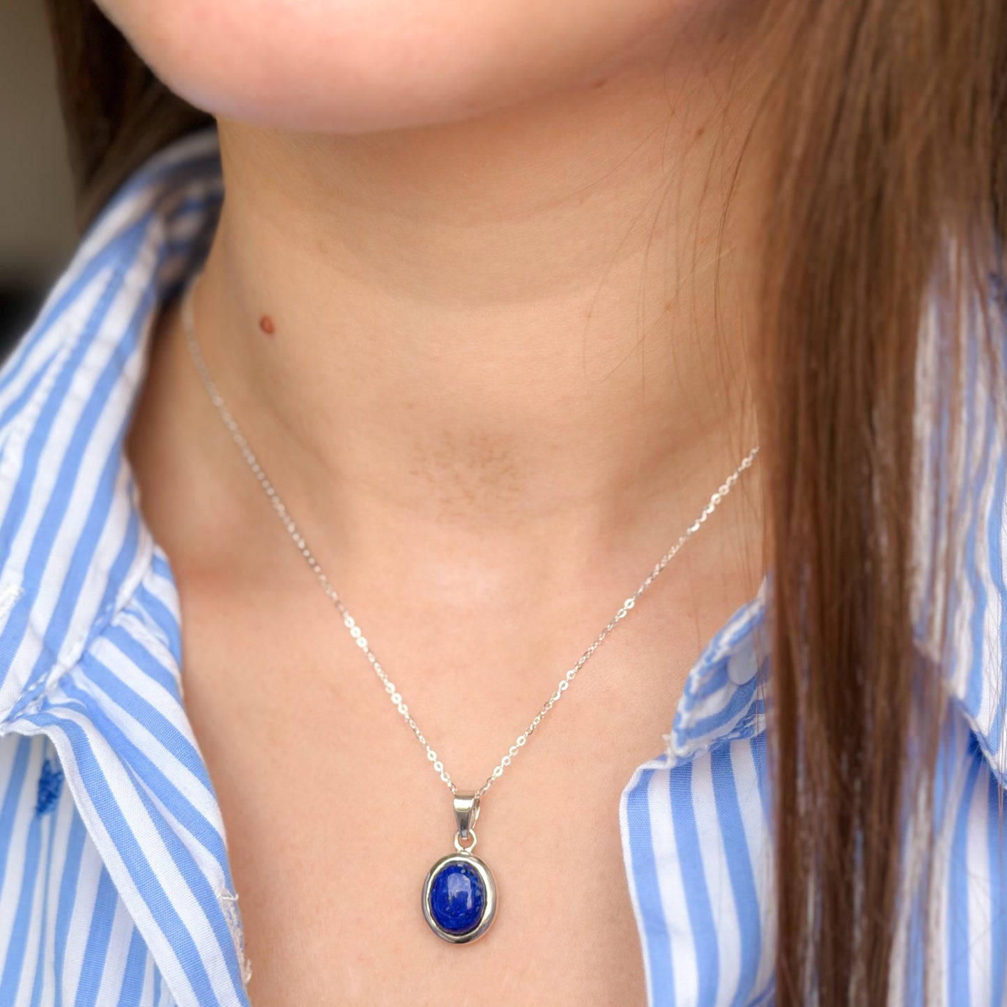 Sterling Silver Oval Lazurite Pendant Necklace