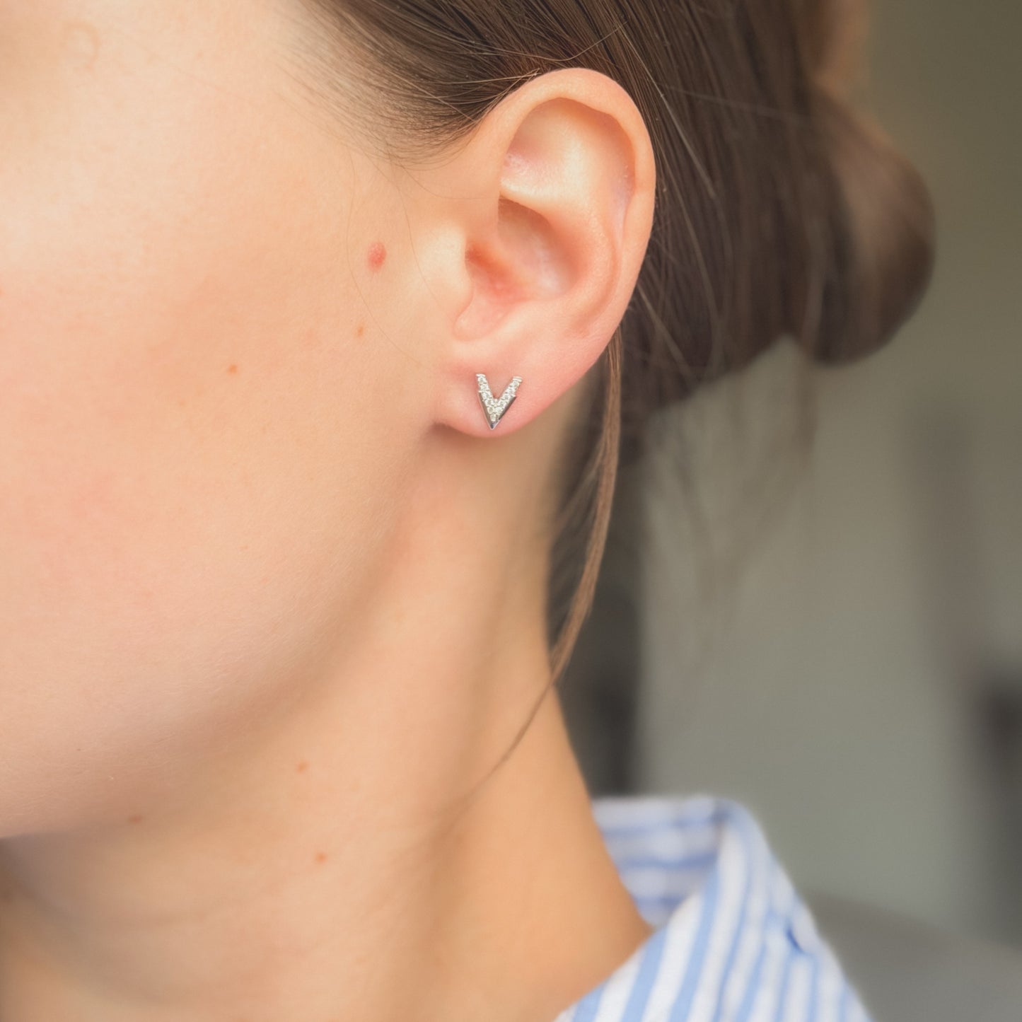 Sterling Silver Rhodium Plated CZ "V" Studs