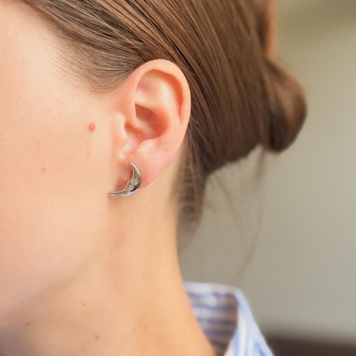 Sterling Silver Rhodium Plated Moon Studs