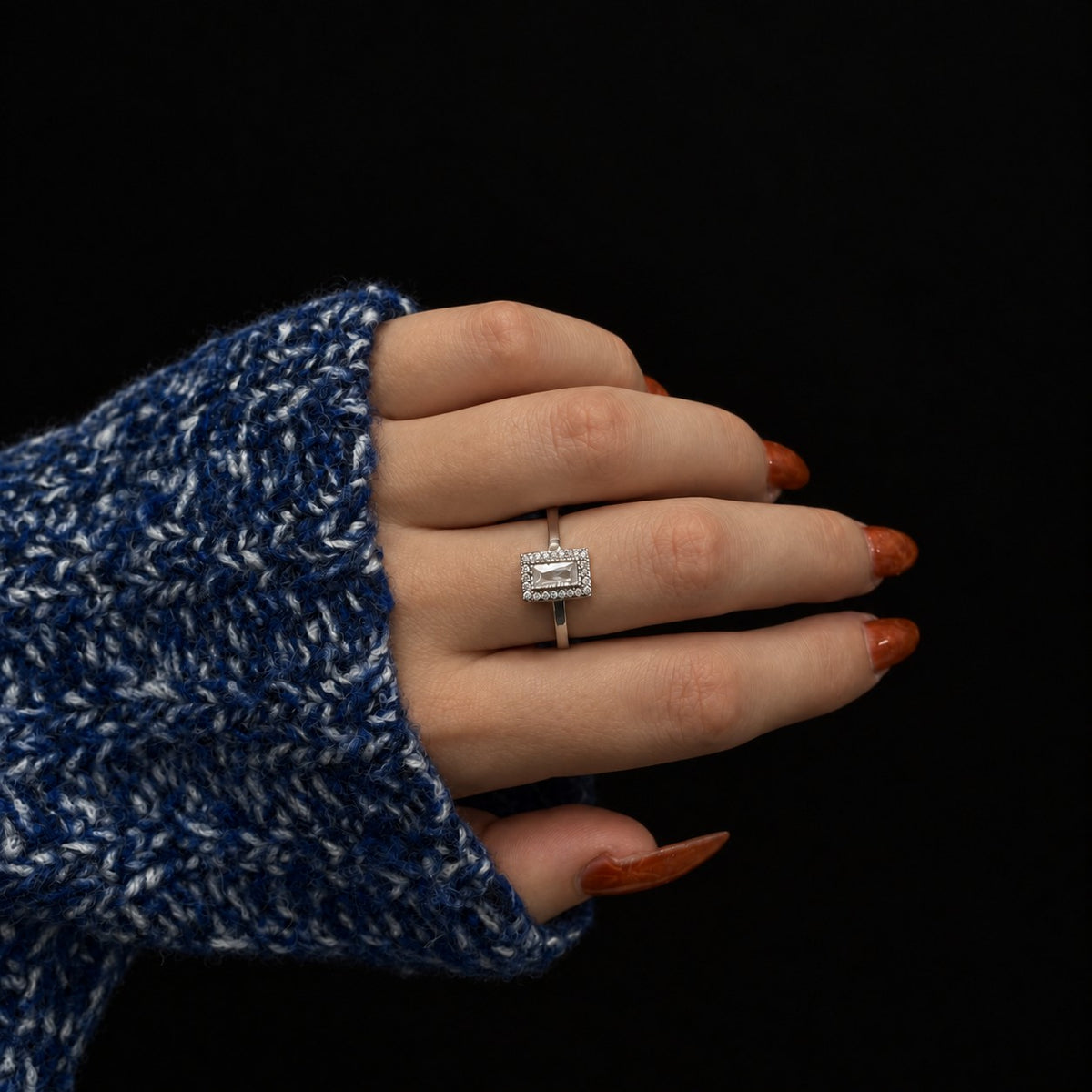 Sterling Silver Rhodium Plated Rectangle CZ Ring