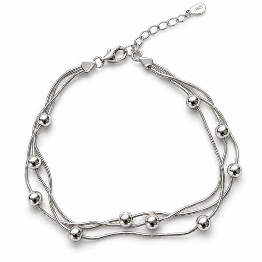 Sterling Silver Rhodium Plated Beaded Triple Chain Bracelet