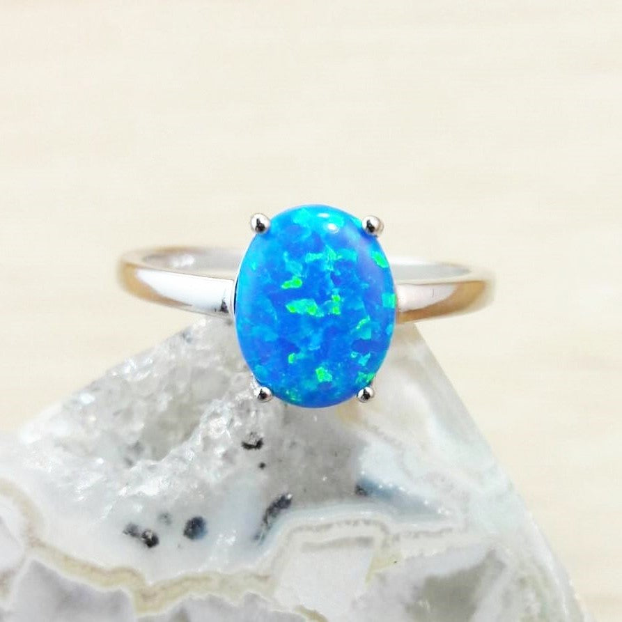 Sterling Silver Rhodium Plated Synthetic Opal Ring