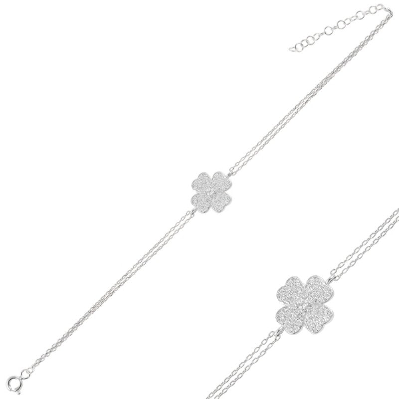 Sterling Silver Rhodium Plated CZ Clover Bracelet