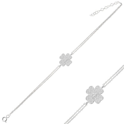 Sterling Silver Rhodium Plated CZ Clover Bracelet