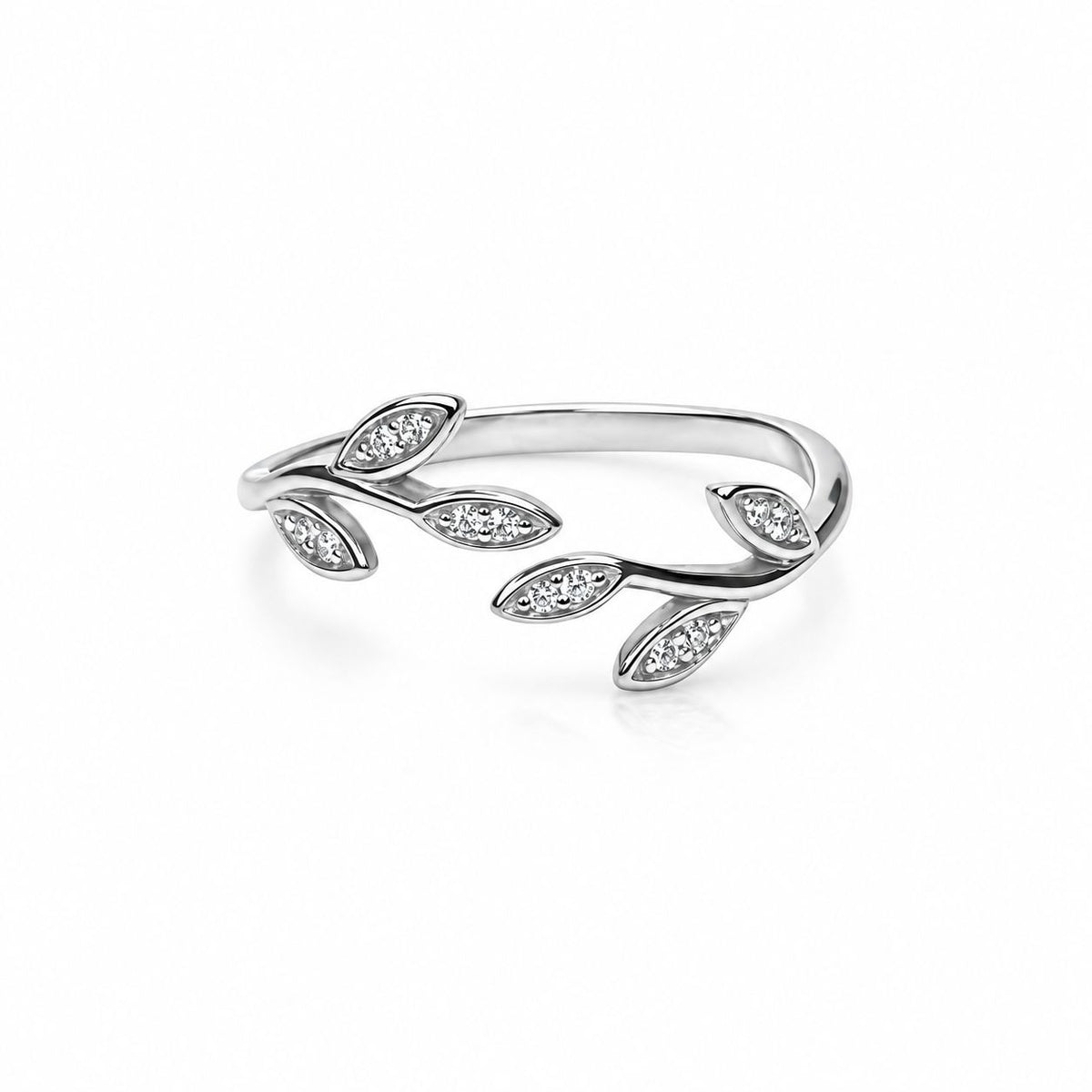 Sterling Silver Rhodium Plated CZ Leaf Ring