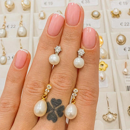 Sterling Silver Gold Plated Pearl & CZ Drop Earrings