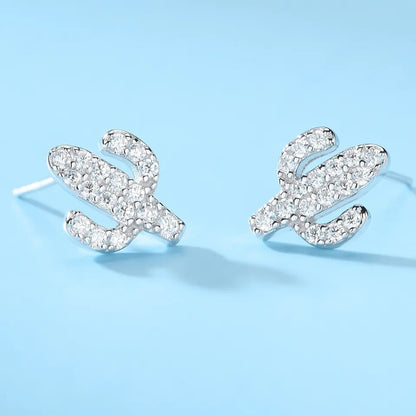 Sterling Silver Rhodium Plated CZ Cactus Studs