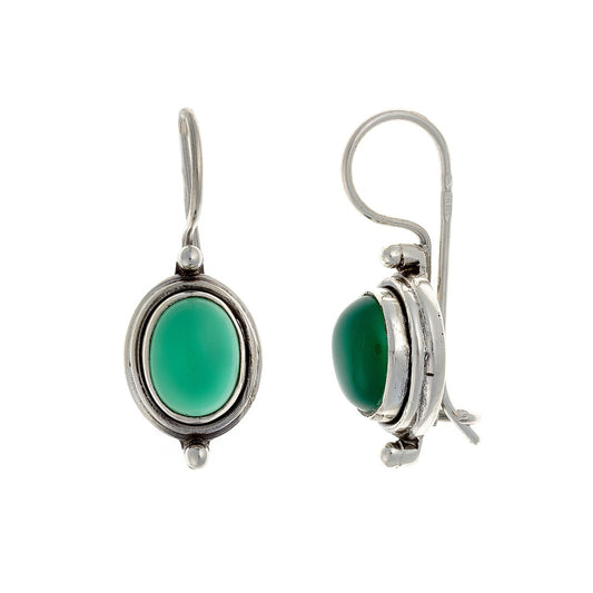 Sterling Silver Oval Green Onyx Drop Earrings