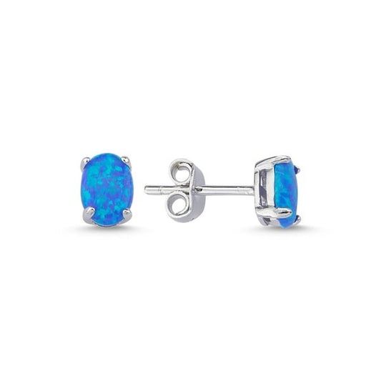 Sterling Silver Rhodium Plated Oval Opal Studs