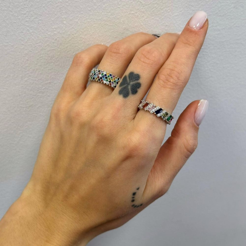 Sterling Silver Rhodium Plated Five Row CZ Band Ring